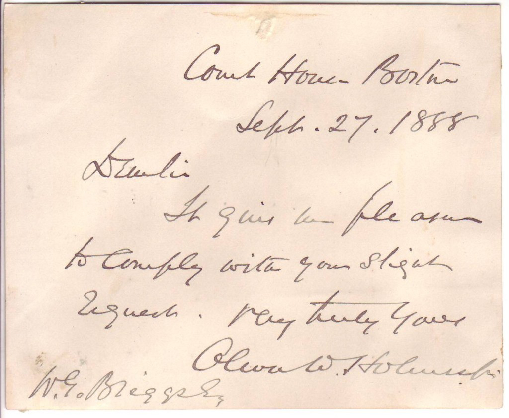 (SUPREME COURT.) HOLMES, OLIVER WENDELL; JR. Brief Autograph Letter Signed, OliverW.Holmes.Jr, to W.G. Briggs: